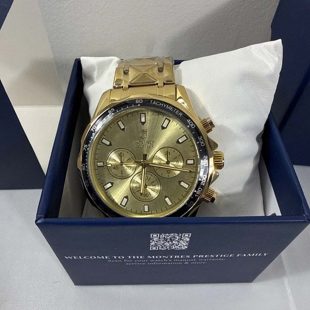 BNWT INVICTA MONTRES PRESTIGE GOLD QUARTZ‎ ANALOG MENS WATCH WITH TACHYMETER